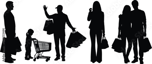 Shopping people silhouettes with bags and carts, consumers lifestyle concept, retail activity, family shopping illustration, modern consumer behavior