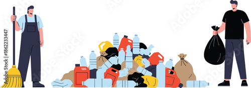 Waste management workers cleaning plastic trash and garbage, environmental protection concept, recycling and sustainability awareness illustration for pollution control