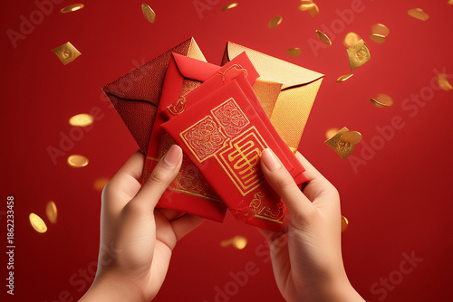 Hands giving red envelopes with gold Chinese characters