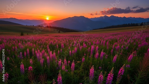 Sunset over a field of purple flowers with mountains in the background