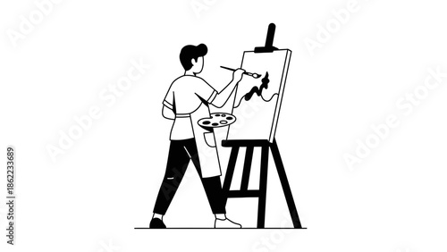 Artist creating artwork on canvas with paintbrush and palette