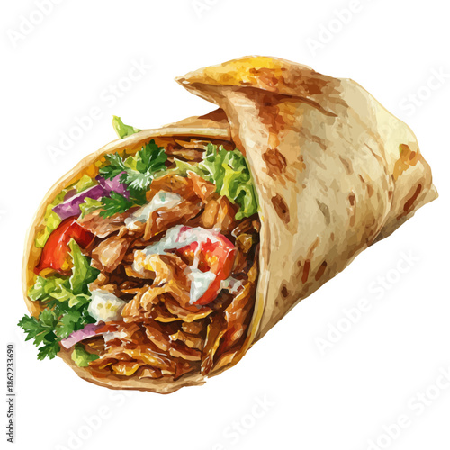 Watercolor painting of Shawarma, vector illustration, isolated on white background.