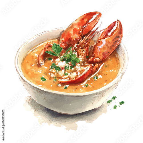 Lobster Bisque, watercolor painting, vector illustration, isolated on a white background.