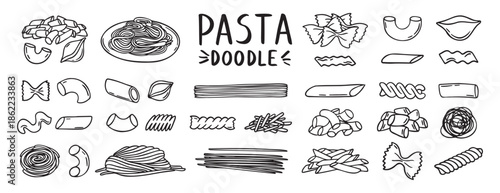 Pasta, spaghetti, vermicelli, macaroni feathers, horns, shells, butterflies doodle hand drawn icon set. Outline drawing wheat dough food line clipart symbol collection