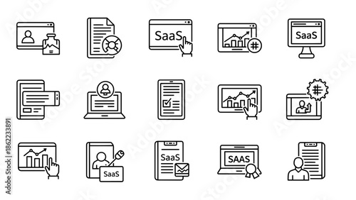 A set of black and white line art illustrations depicting various online services, data analytics, communication, and business tools. These icons feature screens, graphs, and person icons