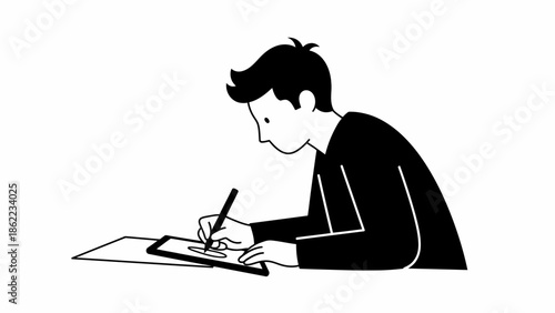 Man writing on paper with pen in simple illustration