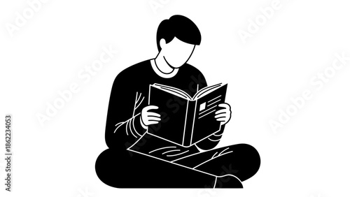 Man sitting cross-legged reading book illustration