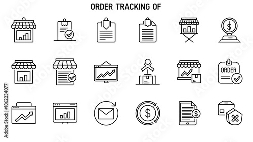 A set of black and white line icons representing order tracking, delivery and financial elements. Includes shops, charts and document symbols