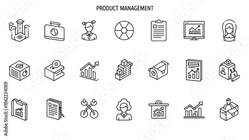 A set of black and white line icons representing various aspects of product management, including charts, people, and objects