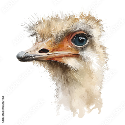 Ostrich Head, watercolor painting, vector illustration, isolated on a white background.