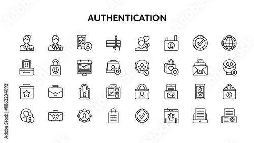 A set of black and white line icons representing various authentication concepts, including people, locks, and checkmarks. They visually represent security