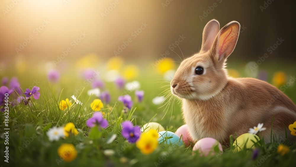 Fototapeta premium Easter bunny in a field of colorful flowers and eggs on easter day