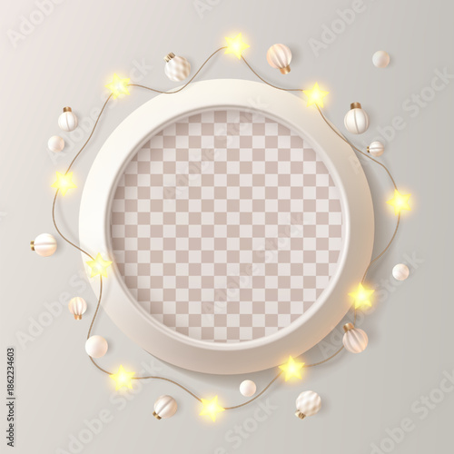 Round white photo frame on light bd. Festive Christmas luxury light bulb, garland shine and glow. Decorated picture mock up, ramadan shine bright star sting. Holiday post template, magic fairy gallery
