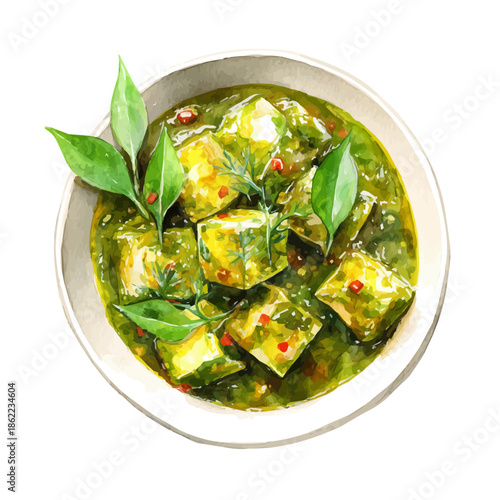 Saag Paneer in watercolor painting style, vector illustration on white background.