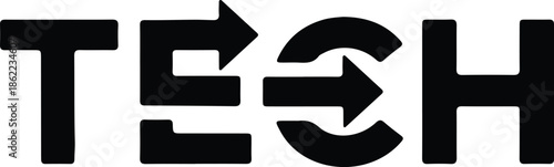 The image displays the word tech in bold black lettering with arrow symbols integrated within the letterforms creating a visual