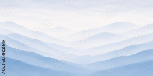 A misty mountain landscape at sunrise where snow-capped peaks and evergreen forests emerge from a sea of clouds beneath a glowing horizon