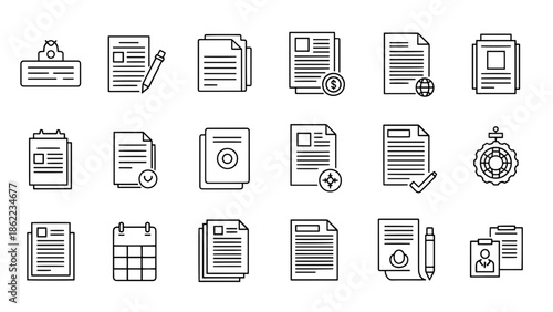 A set of black and white line icons representing various documents, forms, and office-related symbols. Included are lists, calendars, and approvals