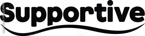The image displays the word supportive in bold black lettering over a simple wavy black line on a white background