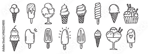 ice cream doodle hand drawn icon set. Outline drawing ice cream line clipart symbol collection