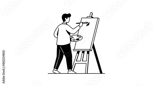 Artist painting on canvas with brush and palette
