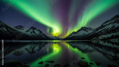 Aurora Borealis dancing above snow-capped mountains and a serene lake at dusk
