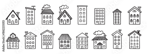 House building with roof doodle hand drawn icon set. Outline drawing house building with roof line clipart symbol collection