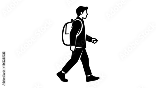 Man walking with backpack and smartphone in modern style