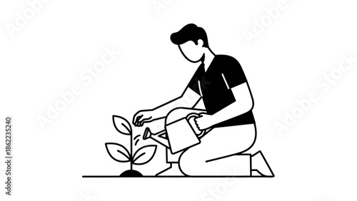 Person watering young plant with care and dedication