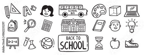 Back to School doodle hand drawn icon set. Outline drawing school items line clipart symbol collection 
