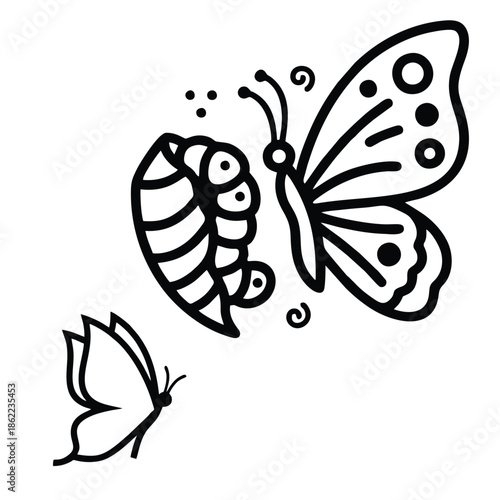 Butterfly Metamorphosis Line Art – Minimalist Life Cycle Illustration with Caterpillar and Cocoon for Education