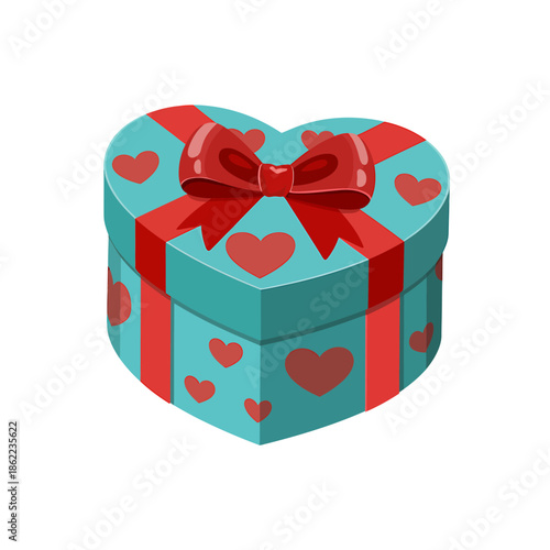Heartshaped gift box with red ribbon and hearts design