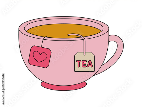 Pink Tea Cup with Heart and Tea Bag  Cozy Drink