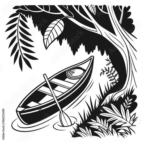 An overturned canoe with a paddle rests partially submerged near the vegetated bank under dark tree cover in a nature scene.