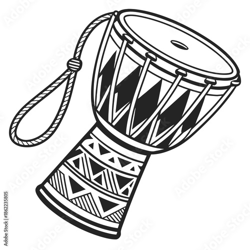 A single djembe drum with patterned carvings and a rope handle floats against a stark white background.