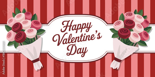 Happy Valentines Day Card with Bouquets of Pink and Red Roses