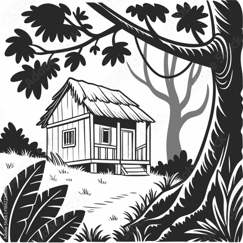 Small wooden hut with a thatched roof sits on a slight incline surrounded by dense jungle foliage in a stark line drawing.