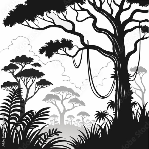Dense jungle foliage silhouettes depict a thick tropical forest canopy with hanging vines and layered vegetation.