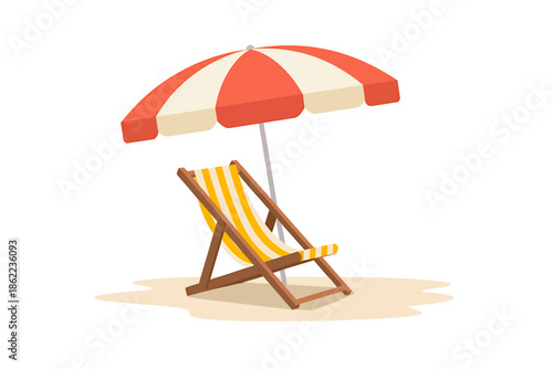 Beach chair and umbrella on sandy beach relaxation scene