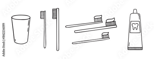 Toothpaste, toothbrush, dental cleaning equipment doodle hand drawn icon. Outline drawing toothpaste, toothbrush, line clipart symbol
