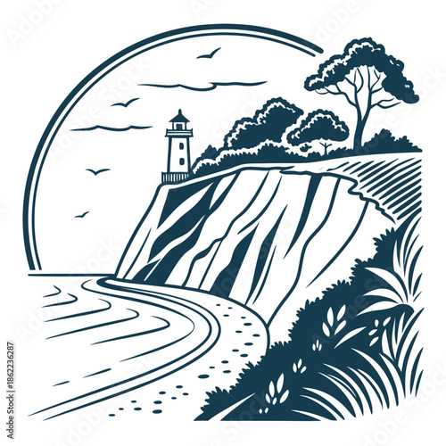 Coastal Cliff and Sea Wave Line Art Logo for Minimal Nature and Travel Branding