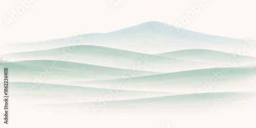 A serene winter morning view of snow covered mountains and misty hills set against an abstract blue background with soft clouds and a sunset sky over a distant frozen valley landscape