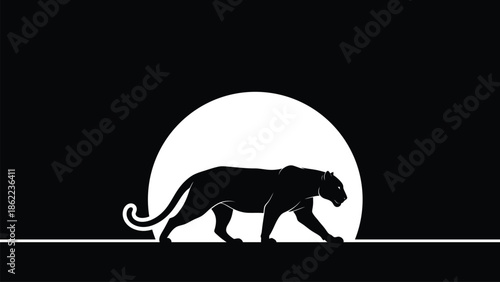 Silhouette of a panther walking in front of a full moon