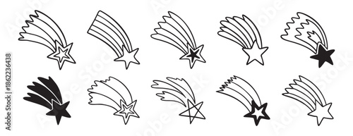 falling stars doodle hand drawn icon set. Outline drawing making a wish falling star line clipart symbol collection