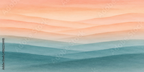 Abstract watercolor landscape of a blue ocean wave reflecting a summer sunset on the beach sand under a cloudy sky