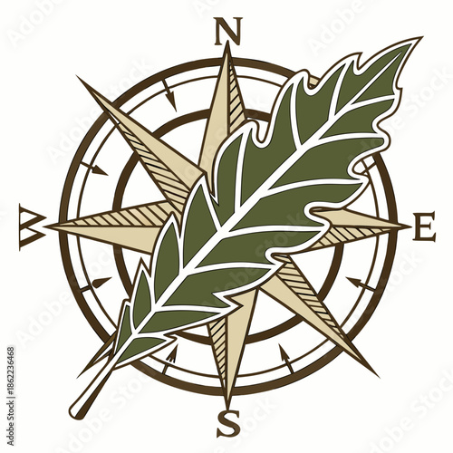 Botanical Compass Vector Emblem for Natural Wellness Journey and Ecological Pathfinding