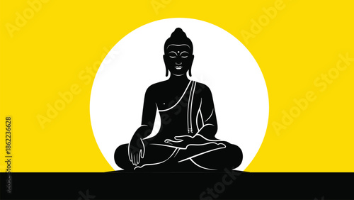 Buddha silhouette meditating in lotus position against a vibrant yellow background
