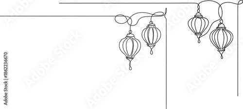 Elegant line art corner border design with hanging lanterns, perfect for adding a festive or cultural decorative accent to invitations, cards, and various creative projects
