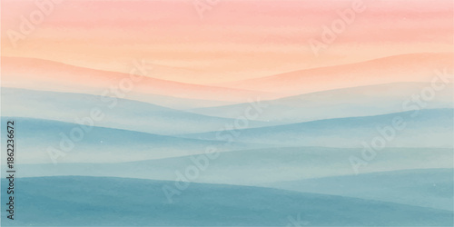 Abstract landscape with clouds and sun over a misty mountain valley at sunrise with a blue horizon and snowy forest hills
