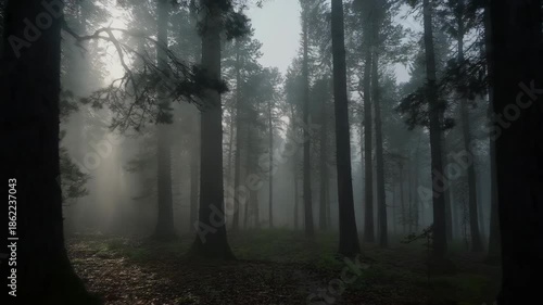 Mysterious panoramic view of a dark misty forest with sunbeams breaking through the fog. Eerie woodland landscape for a cinematic or fantasy background concept