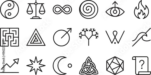 Set of Spiritual and Esoteric Line Icons Representing Balance Harmony and Mysticism in Vector Format Perfect for Meditation and Wellness Applications and Designs